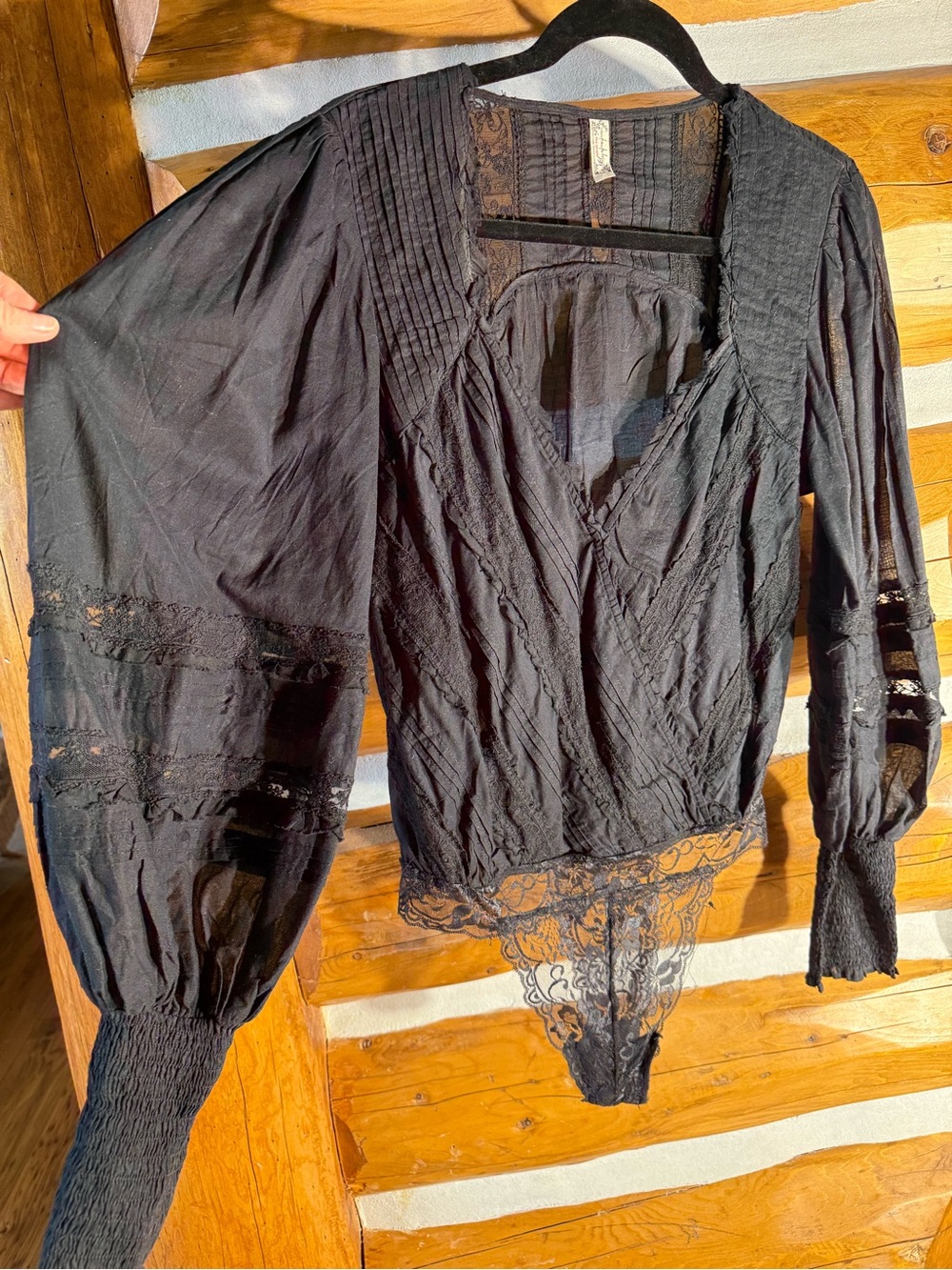 Free People Black Lace-Trim cotton voile blouse